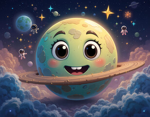 Colorful spaceship and planet