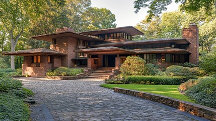 Modern brick house with slate roof expansive driveway warm sunlight cascading over the facade surrounded by vibrant outdoor space.  