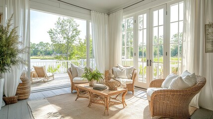 Obraz premium Modern coastal veranda with chic white French doors wicker furniture and flowing curtains natural light bright Cape Cod charm. 