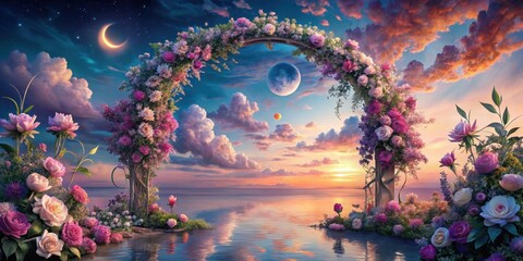 Obraz premium A Serene Floral Archway at Sunset Over a Tranquil Ocean, Adorned with Vibrant Blossoms Underneath a Celestial Sky with Planets