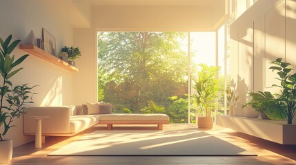 Fototapeta premium Modern home design with open-plan living sleek furniture neutral colors clean lines bathed in soft natural light airy and elegant. 