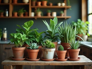 Fototapeta premium Cluster of potted plants with earthy greens on a wooden shelf, rustic style for a happy indoor vibe.