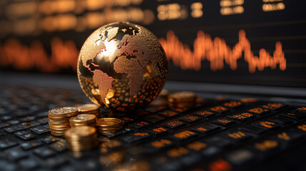 golden globe surrounded by various financial charts and symbols, representing the global influence and interconnectedness of the gold market in the modern world of economics
