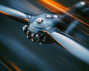 A detailed image of a drone propeller in motion, with its sharp, sleek design contrasted against blurred motion trails. Tiny bolts and seams are clearly visible on the propeller's hub.