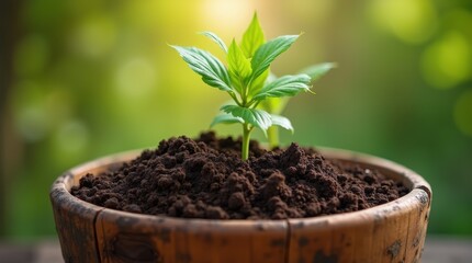 Rustic wooden pot filled with fresh soil, warm tones highlighting a natural planting setup for earthy vibes.