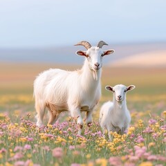 Obraz premium Goat with kid, flower field, and spring.