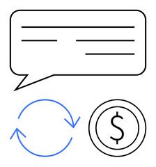 Speech bubble represents communication, arrows signify process or refresh, and coin represents money or value. Ideal for financial exchange, customer feedback, e-commerce, loop process