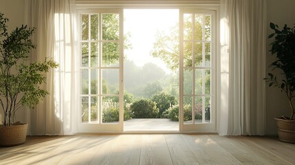 Fototapeta premium Open French doors revealing serene veranda sunlit and airy soft breeze feel warm tones in modern interior wide-angle shot. 