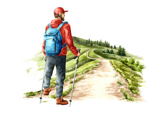 Tourist, young man, looks towards the Hiking road running along the top of the green hills. Hand drawn watercolor illustration , isolated on white background