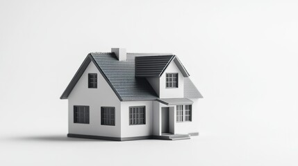 Real estate representation of a small gray house model minimal detailing clean and simple isolated on bright white background.  
