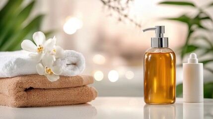Relaxing and luxurious skincare ritual with natural botanical elements such as flowers towels and beauty products for a soothing and indulgent self care experience