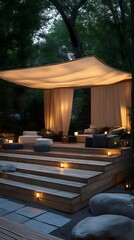 Illuminated outdoor lounge, tiered deck, tranquil garden