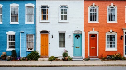 Naklejka premium Row of quaint colorful houses with unique doors and windows clean and inviting design small-town aesthetic on a white backdrop. 