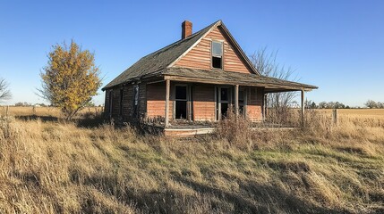 Obraz premium Run-down farmhouse with sagging roof weathered wood exterior dim natural light portrays years of wear and decay frontal view. 