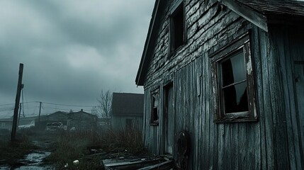 Obraz premium Rustic old house with cracked walls and shattered windows weathered shingles dim overcast lighting creates a somber mood. 