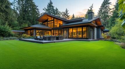 Obraz premium Sharp green lawn close-up blurred house and landscaping design visible in the background warm tones complete the backyard serenity. 