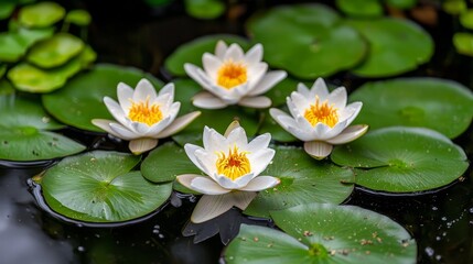 Four Water Lilies With Yellow Centers Float On Green Lily Pads In A Calm Pond