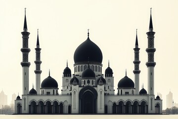 Fototapeta premium Majestic mosque with domes and minarets against skyline: architectural grandeur in monochrome