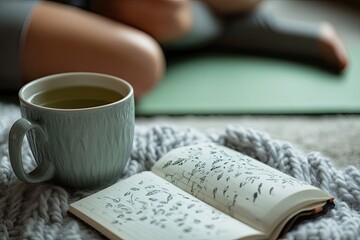 A soft-focus lifestyle image, showing a person journaling their fitness goals with a cup of green tea and a yoga mat in the background.