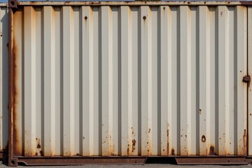 Obraz premium Rusty Metal Shipping Container with Weathered Exterior and Horizontal Corrugation Pattern on the Surface, Located in an Urban Environment