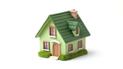 Small green house model with smooth lines and minimal details bright natural tones sharp focus isolated on white real estate concept.  