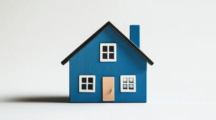 Small-scale blue house model with detailed windows and door clean lines symbolizing property investment real estate on white backdrop. 