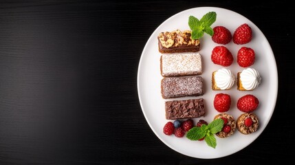 Elegant plate of desserts artfully arranged on a table showcasing a variety of colors and flavors for enjoyment