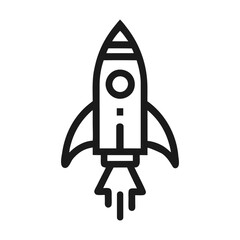 Simple black line art rocket taking off, symbolizing growth.