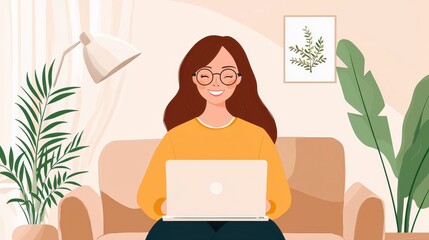 Smiling Woman Working on Laptop in Cozy Home Interior