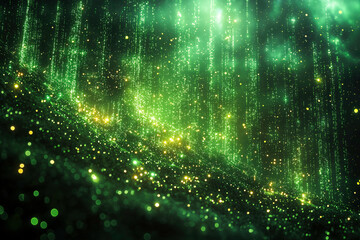 Futuristic Digital Ground with Floating Green Light Particles and Energy Lines
