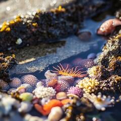 Vibrant Marine Life in Tide Pool Among Colorful Corals and Sea Stars Under Shimmering Sunlight at the Coastline During Low Tide