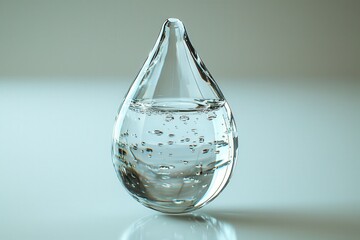 Crystal clear water droplet sculpture with bubbles on soft background