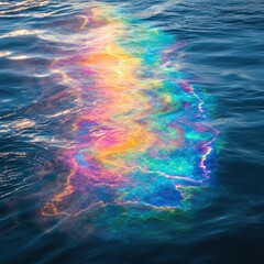 Vibrant Rainbow Reflection on Water Surface Capturing Iridescent Colors in Natural Light During a Calm Day