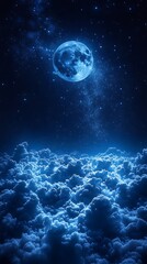Obraz premium Luminous Full Moon Over Vibrant Blue Clouds in a Starry Night Sky