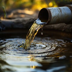 Water flowing from a rusty pipe into a tranquil pond, capturing nature's beauty with golden reflections and serene surroundings, illustrating an industrial yet peaceful scene.
