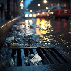 Wet city street scene capturing reflections of lights on waterlogged pavement with litter scattered, showcasing urban life in a rainy environment at dusk