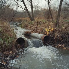 Water Pollution from Rusty Drain Pipe in Overgrown Landscape with Stream Flowing Through Greenery, Highlighting Environmental Issues and Urban Impact on Nature