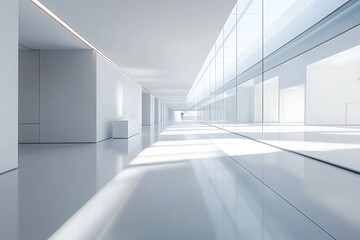 Obraz premium Sleek and Bright: Modern Architecture with a Long Corridor and Glass Windows