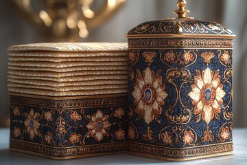 Elegant ornate cookie tins with intricate floral patterns and luxurious gold accents