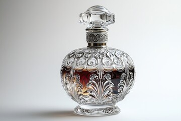 Elegant crystal perfume bottle with intricate carving and metallic details on white background