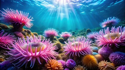 Fototapeta premium Sunlit Underwater Seascape Featuring Vibrant Pink Sea Anemones and Diverse Coral Reef Ecosystem