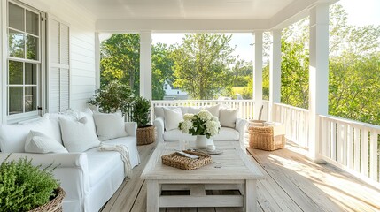 Obraz premium Stylish veranda with natural wood flooring white paint chic sofa pillows cozy lounge Cape Cod-inspired luxury outdoor living. 