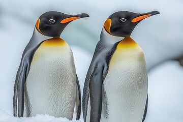 Obraz premium Majestic king penguins standing on snowy antarctic landscape