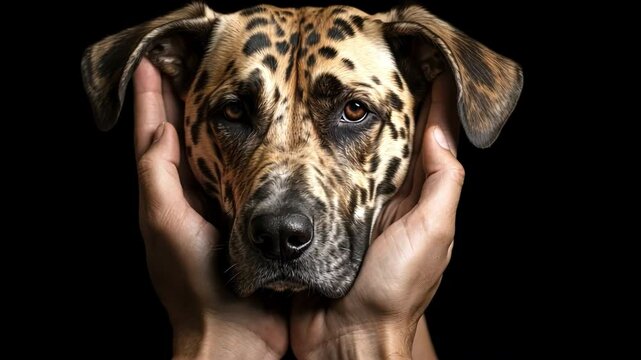 In Loving Hands: A close-up shot of a dog's head framed gently within the hands of a person, expressing care and connection. A heartwarming portrait.