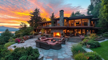 Obraz premium Sunset view of a luxury home exterior expansive patio with a stone fireplace, outdoor kitchen, and cozy seating surrounded by serene greenery. 
