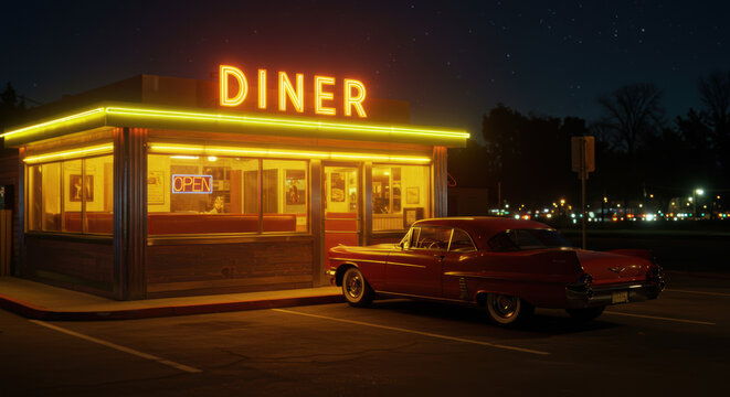 Classic red car parked in front of a retro diner under a starlit night sky.