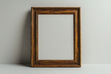 Rustic vintage wooden picture frame on minimalist gray background