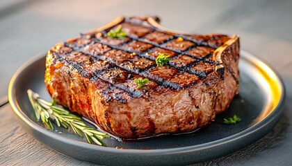 Grilled Steak on Dark Plate.