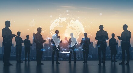 Global Business Network, Silhouetted Businesspeople Collaborating with Digital World Map Overlay at Sunset