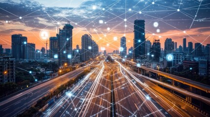 Obraz premium Cityscape Highway Network Sunset Digital Connections